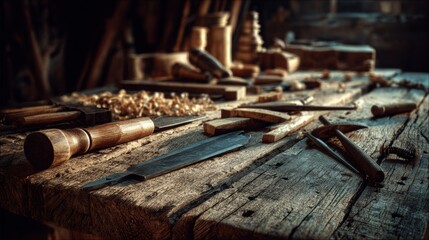 Workshop With Handmade Tools and Rough Wooden Table in Warm Light During Afternoon