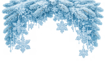 Winter spruce branches with frosty snowflakes and icicles framing design, transparent background for holiday season