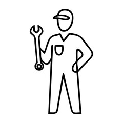 Símbolo de trabajo industrial. Dibujo de trazo único de un hombre con ropa de trabajo y una llave inglesa  © teracreonte