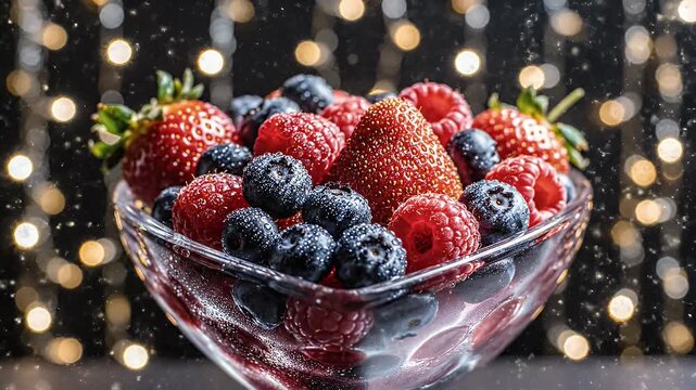 Fresh Berry Bowl - A close-up of a glass bowl filled with fresh mixed berries including strawberries, raspberries, and blueberries.