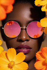 Beautiful woman wearing trendy pink sunglasses surrounded by vibrant flowers