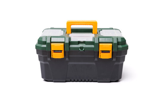 Black-Green solid plastic tool box isolated on white background