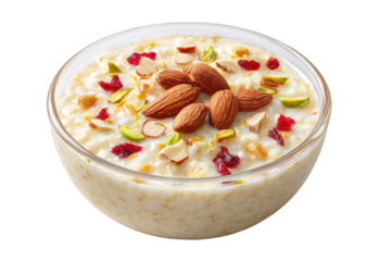 Creamy rice pudding with nuts and berries isolated on transparent background
