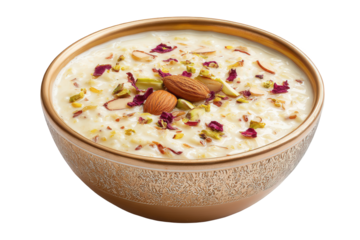 Creamy rice pudding with nuts and rose petals isolated on transparent background
