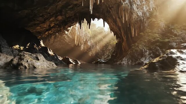 Tropical Cave Pool with Sunlight - This stock video shows a tropical cave with crystal-clear blue water. Sunlight shines through the cave opening, illuminating the stalactites and foliage.