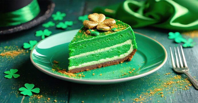 Green layered cake slice presented on plate. Decorations include shamrocks, gold chocolate pieces, hat, ribbon. Festive st patricks day dessert.
