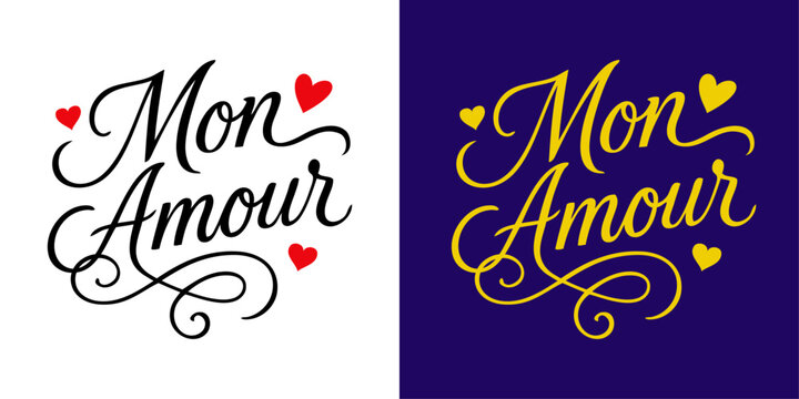 Grupo de mensajes en franc&eacute;s Mon Amour con corazones y florituras de adorno para tarjetas y felicitaciones para el D&iacute;a de San Valent&iacute;n 