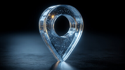A transparent location pin icon standing on a surface symbolizing digital navigation geolocation services and smart mapping technology.
