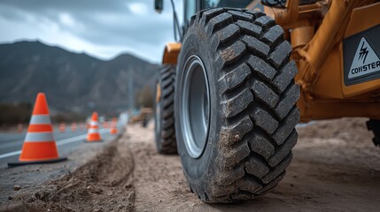 Heavy machinery tire close-up on construction site, showcasing rugged tread pattern, surrounded by safety cones and mountains in the background, emphasizing industrial work and equipment durability