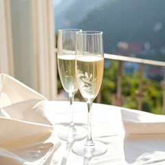 Obraz premium Experience luxury with two champagne glasses on a sunlit balcony overlooking a scenic coast. This elegant scene captures romance and celebration, perfect for highend lifestyle projects.