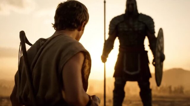 Dramatic Cinematic Scene of Young David Facing Giant Goliath in a Historical Desert Battle at Golden Hour Sunset