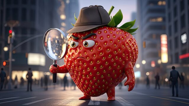 Animated detective strawberry inspecting with magnifying glass in city