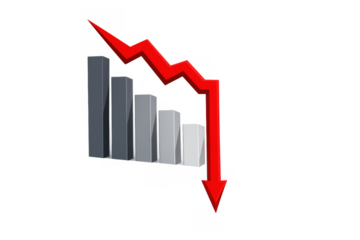 Declining financial market chart with red arrow showing economic recession, business loss, and bankruptcy concept on transparent background