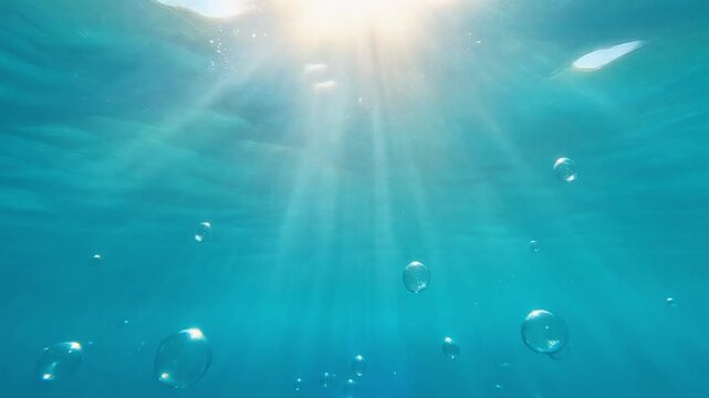 Underwater sunbeams filter through clear turquoise water, illuminating rising air bubbles, a serene natural phenomenon