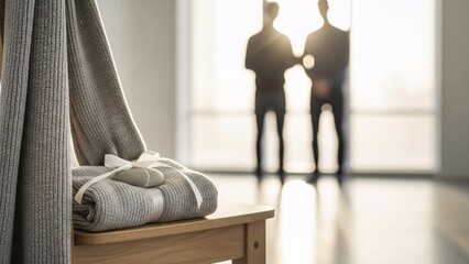 Towels on wooden bench with people in the background with copy space