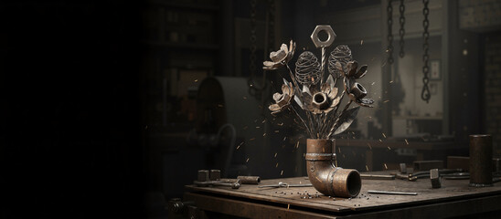 Metal flower bouquet sculpture standing in pipe vase on workbench in industrial workshop