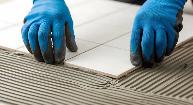Close-up Image of Handyman Laying White Ceramic Tiles on Floor with Blue Gloves for Home Renovation and Interior Design