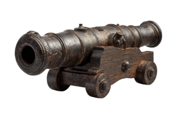 Antique bronze cannon on wooden carriage isolated on transparent background