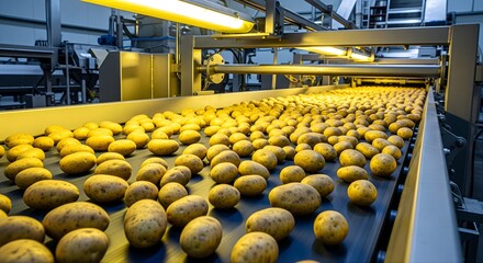 Potatoes on Conveyor Belt in Food Processing Plant with Yellow Lights and Industrial Machinery with Food Production and Preparation with Potato Products