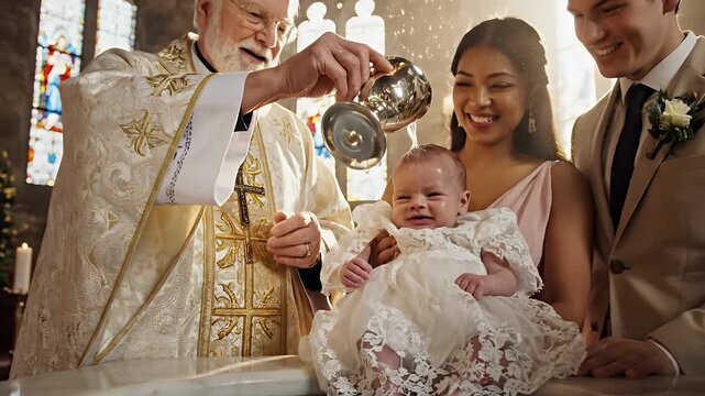 Infant Baptism Ceremony - A priest pours water over an infant's head during a baptism ceremony, as the parents smile proudly beside him.