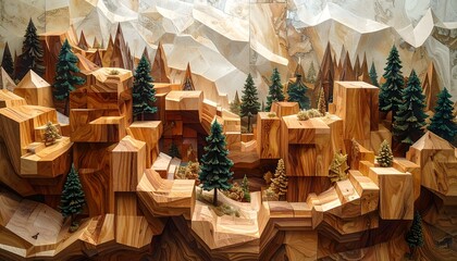 Illustration of wooden mountain landscape with trees and cliffs in a scenic natural setting with a brown and green color scheme and a white sky