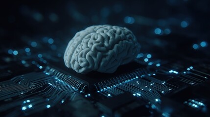 Concept of artificial intelligence with a brain on a circuit board at night