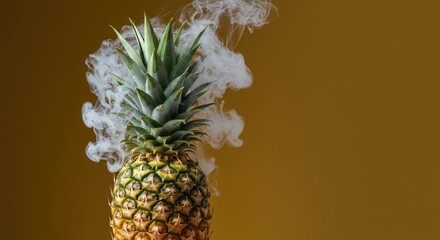 A tropical pineapple fruit with unusual white smoke rising from its leafy green crown on a bright background ,mysterious, edible, healthy
