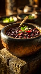 A bowl of beans with a spoon in it. The beans are red and the spoon is wooden