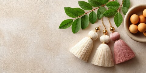 Elegant tassel decorations with green leaves and bowl of decorative sphere accents