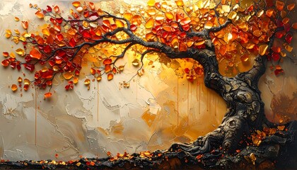 Illustration of beautiful autumn tree with colorful leaves on textured background with sunlight