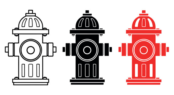 A set of three colored fire hydrant icons in black, white, and red on a plain background