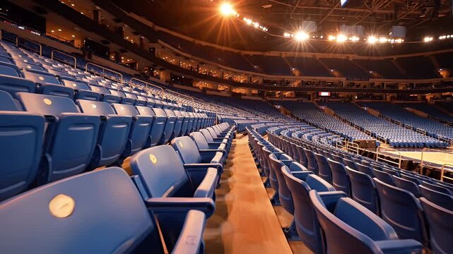 Empty Indoor Arena Seating - This video captures the interior of an empty indoor arena with rows of blue seats illuminated by overhead lights.