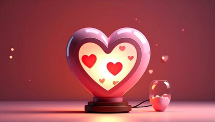 &ldquo;Heart-shaped lamp with smiling face cozy glow decorated with red hearts pink cup flower warm interior scene&rdquo;