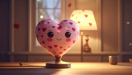 &ldquo;Heart-shaped lamp with smiling face cozy glow decorated with red hearts pink cup flower warm interior scene&rdquo;
