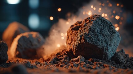 Dust and sparks rise from rocks during a construction activity in an indoor setting at dusk with artificial lights