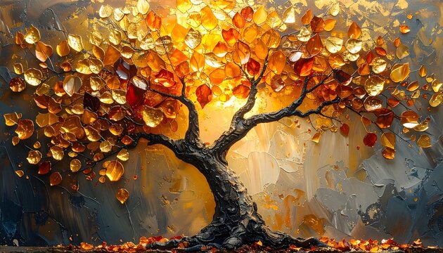 Illustration of beautiful autumn tree with golden leaves on textured background with sunlight - Powered by Adobe