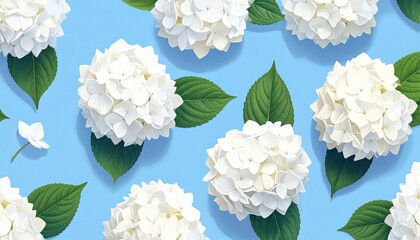 &ldquo;Pattern of white hydrangea flowers green leaves bright blue background fresh vibrant botanical aesthetic&rdquo;