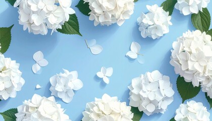 &ldquo;Pattern of white hydrangea flowers green leaves bright blue background fresh vibrant botanical aesthetic&rdquo;