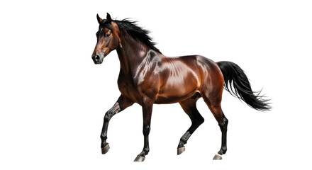 Obraz premium A magnificent seal brown warmblood horse mid-trot, detailed muscular definition enhanced by high-key studio rim lighting, pure equine majesty concept