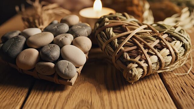 Tranquil Spa Setting with Stones and Woven Heart - A serene spa setup featuring smooth stones and a woven heart-shaped ornament made of natural fibers, placed on a wooden table.
