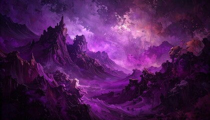 &ldquo;Surreal purple fantasy landscape dense forest misty valley jagged mountains swirling celestial sky ethereal atmosphere&rdquo;
