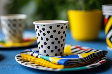 Polka dot cups on colorful plates with napkins in bright setting