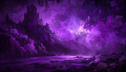 &ldquo;Surreal purple fantasy landscape dense forest misty valley jagged mountains swirling celestial sky ethereal atmosphere&rdquo;