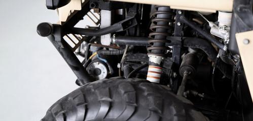 Old car suspensions. Close up car suspension wear and tear parts. CV joint Rubber boot and Control arms bushing Steering rack axles Shock absorber Brake exhaust. Gas Diesel car service repair parts.