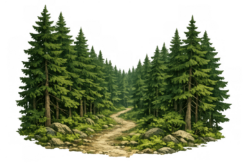 Forest path winding through tall green pine trees, evoking nature exploration, adventure, and remote beauty