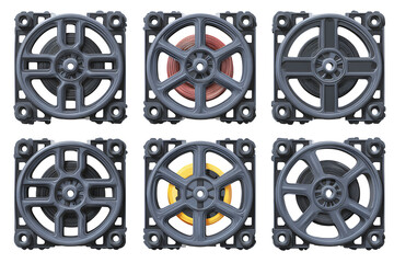 Naklejka premium Six gray computer fans with different colored blades on transparent background