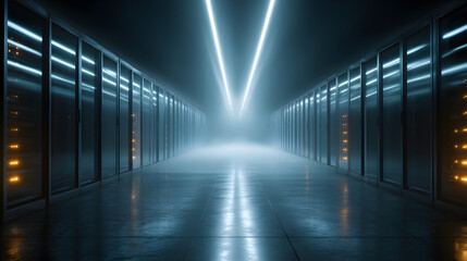 Rows of server racks fill a data center as blue light effects convey speed and technology. The environment shows high tech storage and processing of information.