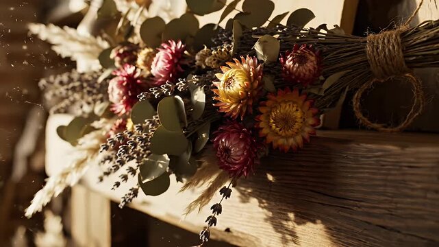 Rustic Dried Flower Bouquet on Wooden Surface - A beautifully arranged bouquet of dried flowers, including vibrant pink and orange blossoms, rests elegantly on a rustic wooden surface.