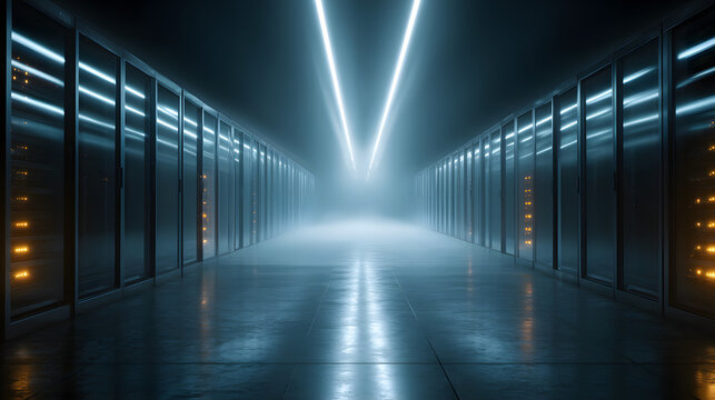 Rows of server racks fill a data center as blue light effects convey speed and technology. The environment shows high tech storage and processing of information. - Powered by Adobe