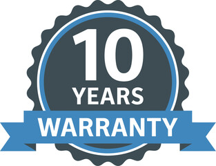 A blue and gray warranty badge with a 10 year guarantee